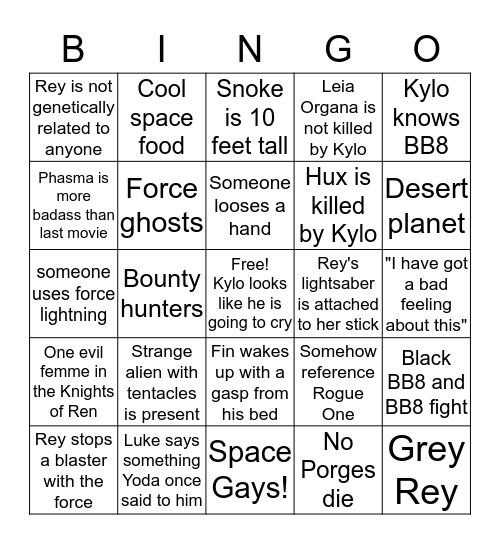 Star Wars The Last Jedi Bingo Card