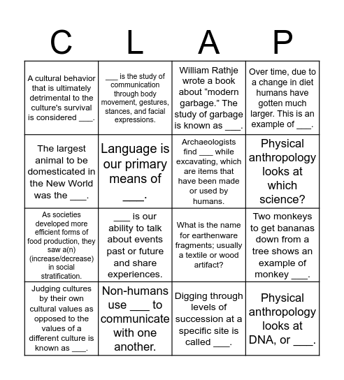 Anthropology Bingo Card