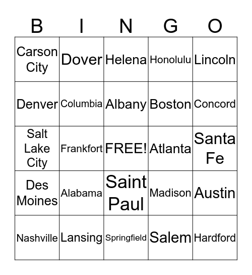 States and Capitals Bingo Card