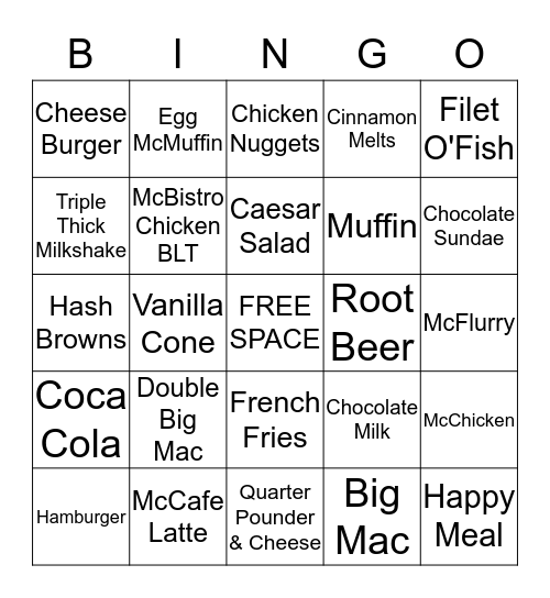 McDonald's Bingo Card