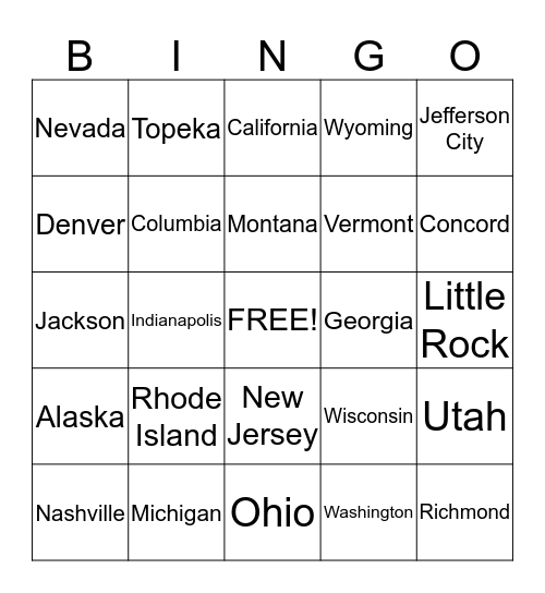 States and Capitals Bingo Card