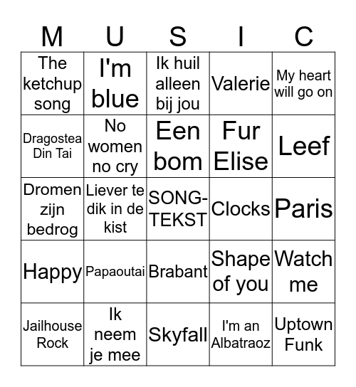 Muziek Bingo 2017 Bingo Card