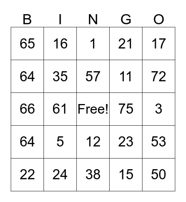 BINGO 1-75 Bingo Card