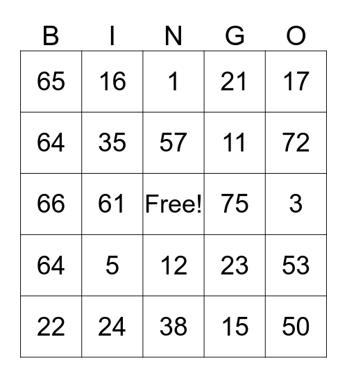 BINGO 1-75 Bingo Card