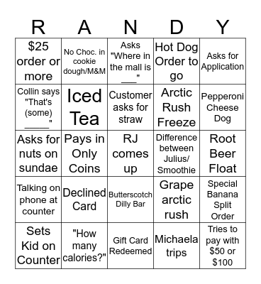 Dairy Queen Bingo Card