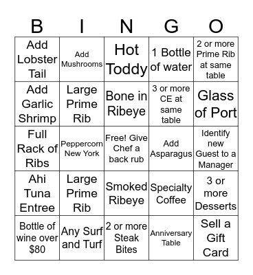 Holiday Chop Bingo Card