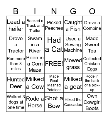 Country Girl Bingo Card