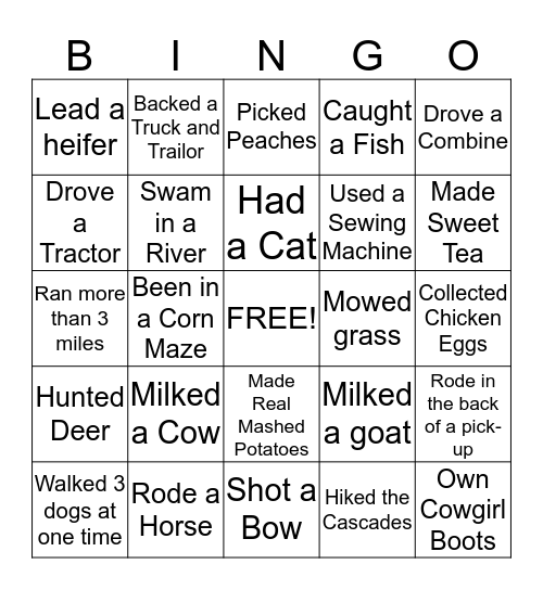 Country Girl Bingo Card