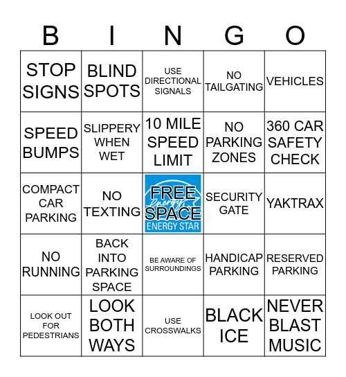 PARKING  LOT SAFETY  BINGO Card