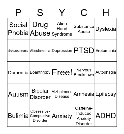 Psychological Disorders  Bingo Card