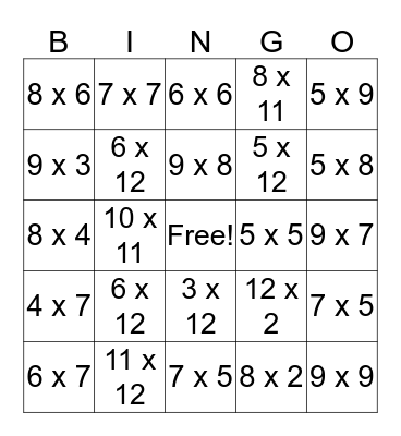 Multiplication Bingo Card