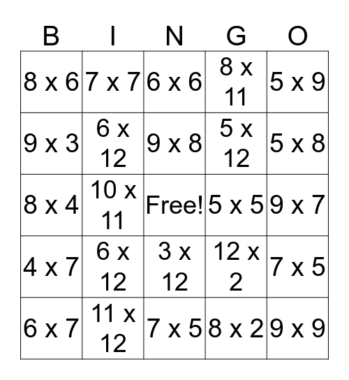Multiplication Bingo Card