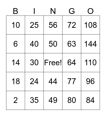 Multiplication Bingo Card
