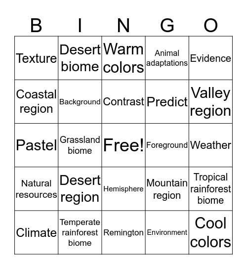 Regions Vocabulary Bingo Card