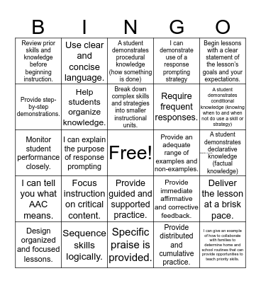 Explicit Instruction Bingo Card