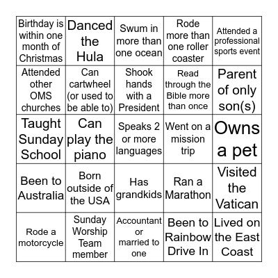 Small Group Icebreaker  Bingo Card