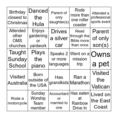 Small Group Icebreaker  Bingo Card