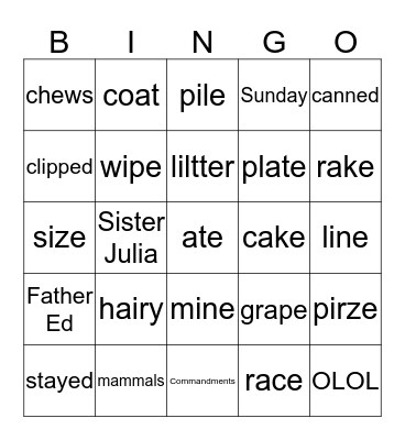 Vocabulary Bingo Card