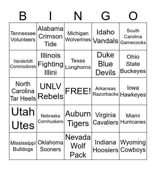 College Football Bingo Card