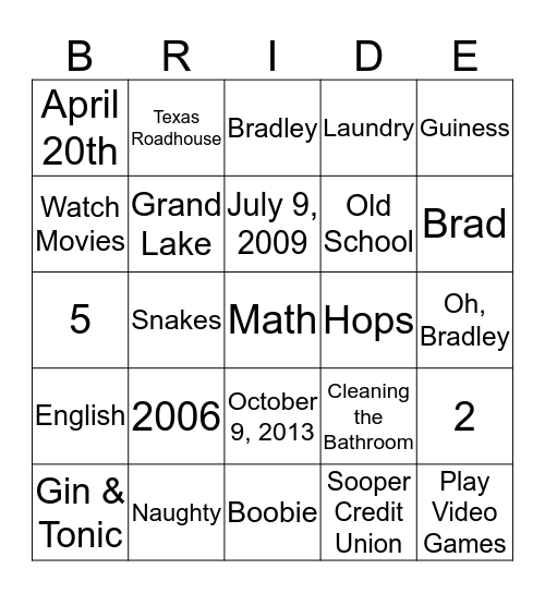 Serena's Bridal Bingo Card