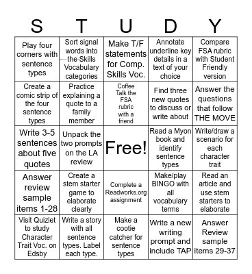 Language Arts Midterm Review Bingo Card