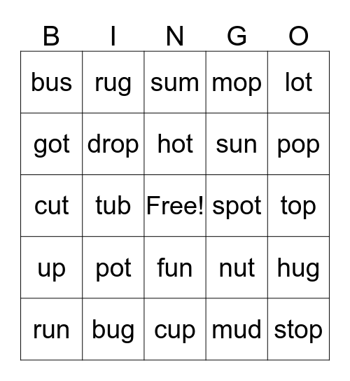 Short "o" and "u" Words Bingo Card