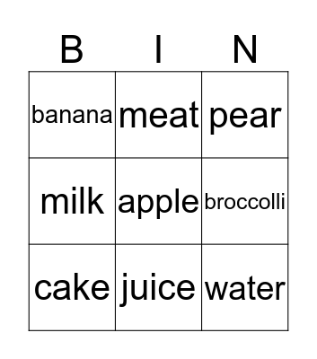 Food Bingo Card