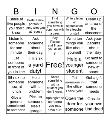 Thomas Page Kindness BINGO Card