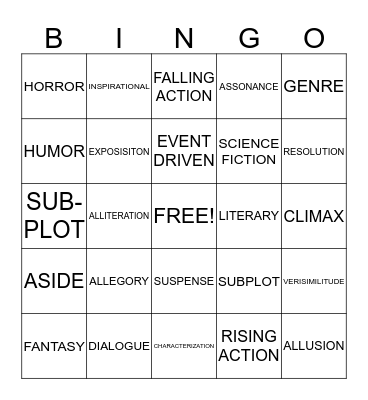 creative writing bingo Card