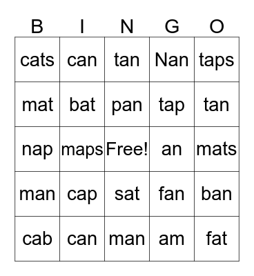Short A Words Bingo Card