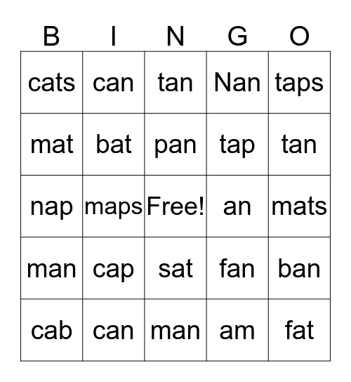 Short A Words Bingo Card