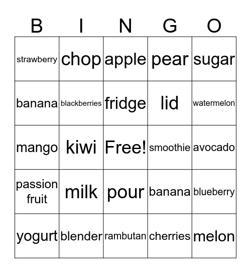 Fruits and other things for a smoothie Bingo Card
