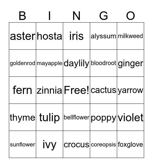 Garden Bingo Card