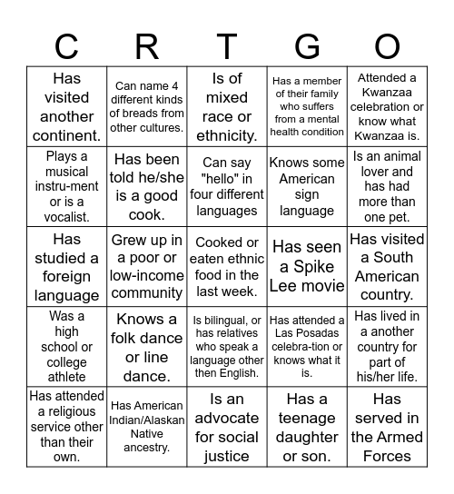 Cultural Scavenger Hunt Bingo Card