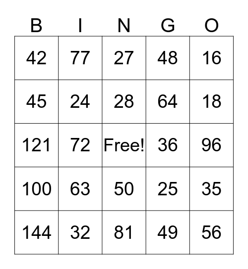 Multiplication Bingo Card