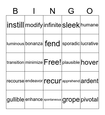 Unit 8 Vocabulary Bingo Card