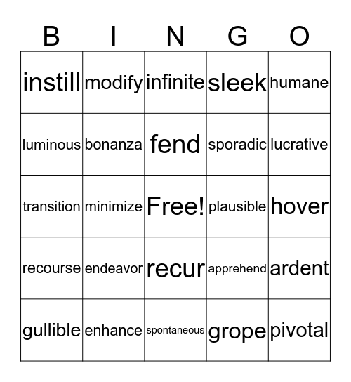 Unit 8 Vocabulary Bingo Card