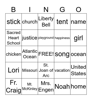 Noun BINGO Card