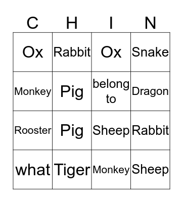 中文四第三单元12生肖英文版 Bingo Card
