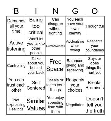 Healthy Relationships Bingo Card