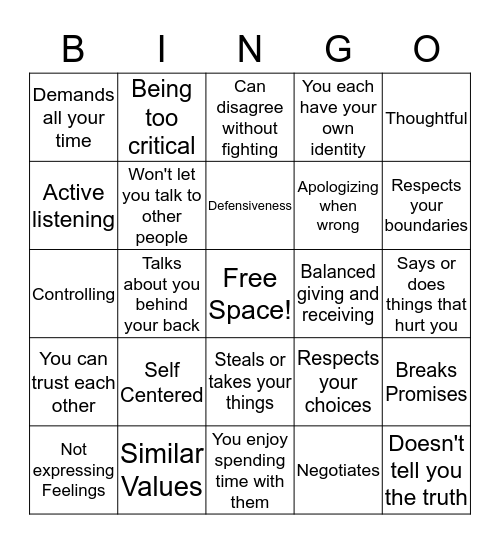 Healthy Relationships Bingo Card