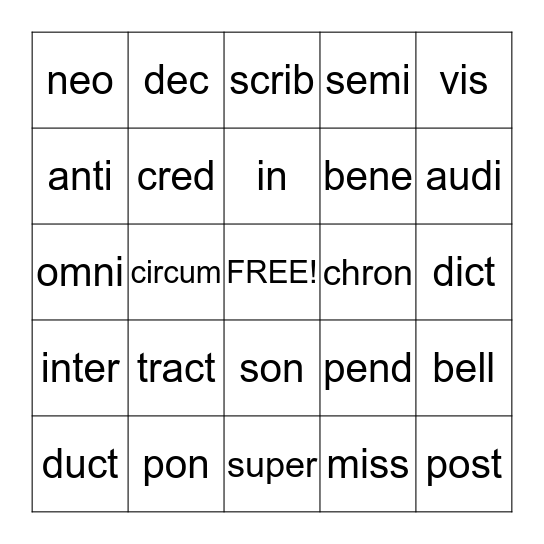 4th grade Latin stem review Bingo Card