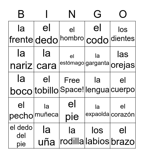 Spanish "BODY" Bingo Card