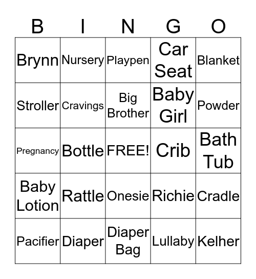 Baby Girl Kehler Bingo Card