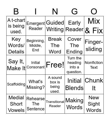 Guided Reading Bingo Card