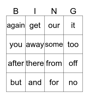 sight words Bingo Card