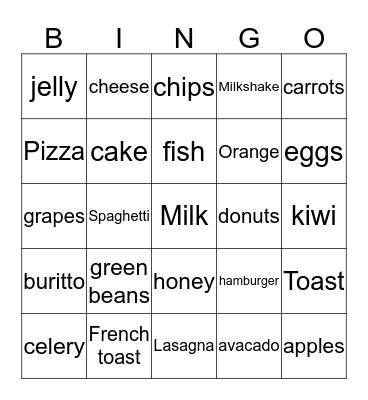 Common Foods Bingo Card