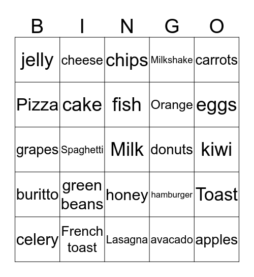 Common Foods Bingo Card