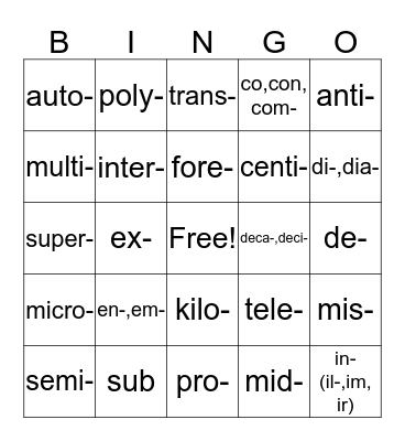 Prefixes Bingo Card