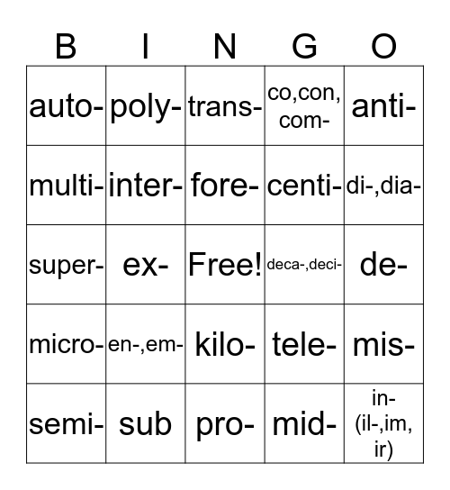 Prefixes Bingo Card